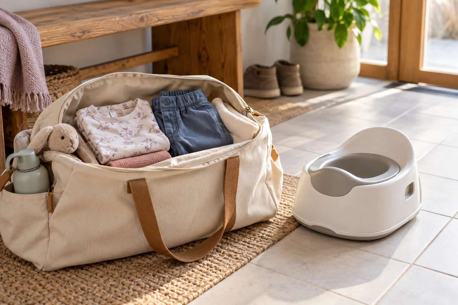Eine Tasche mit Wechselkleidung und einem kleinen Reisetöpfchen steht für den nächsten Ausflug bereit.